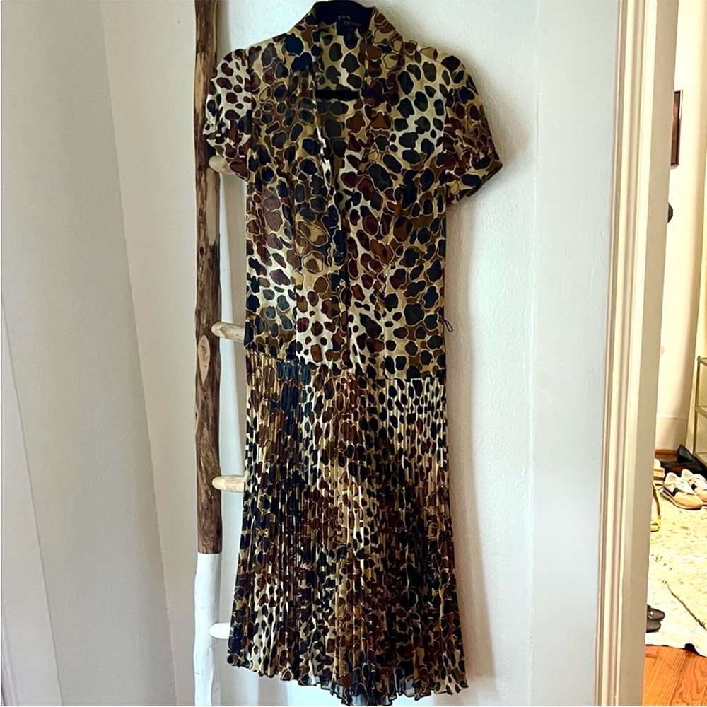 Escada Animal Leopard Print Short Sleeve Pleated Skirt Sheer Midi Dress XS